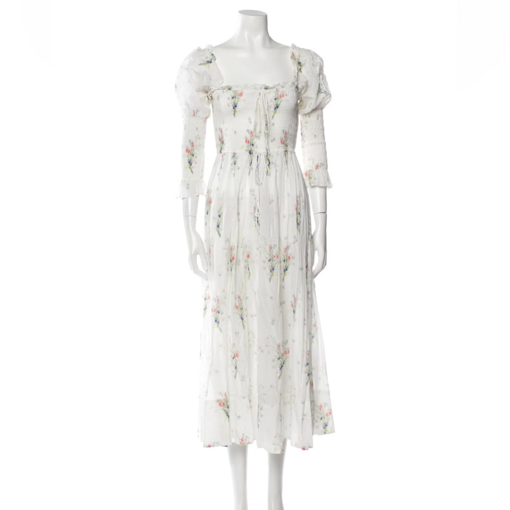 Doen White Floral Long Sleeve Midi Dress